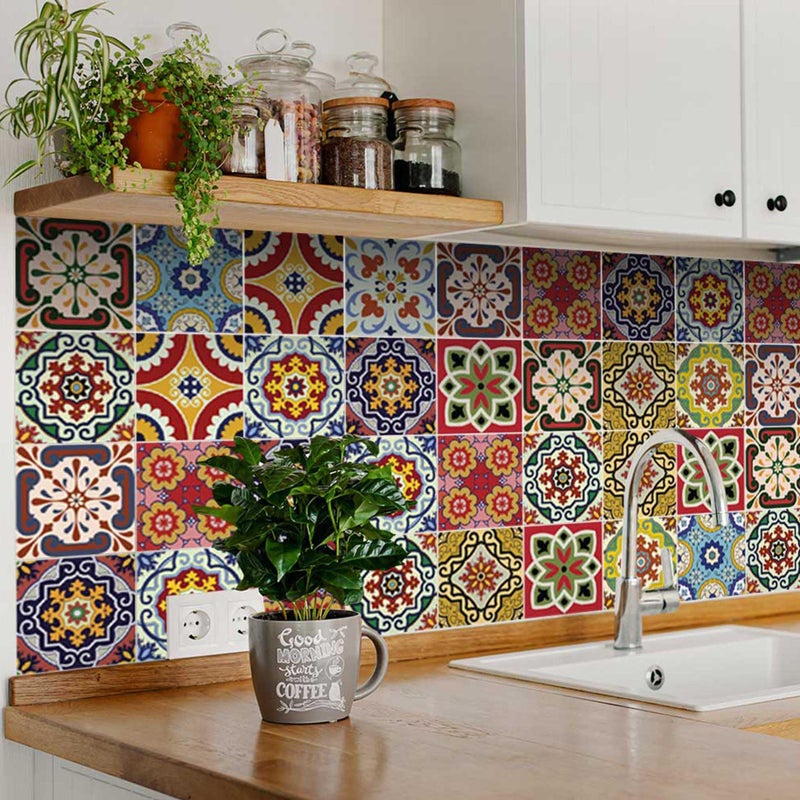 Mi Alma ملصقات البلاط باكسبلاش 24 جهاز كمبيوتر مجموعة أصيلة Talavera Tilavera Tiles ملصقات الحمام والبلاط المطبخ من السهل تطبيق فقط القشر والعصا ديكور المنزل 4x4 بوصة (فن البلاط المكسيكي) - Image 3