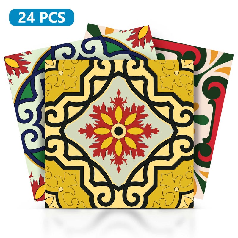 Mi Alma ملصقات البلاط باكسبلاش 24 جهاز كمبيوتر مجموعة أصيلة Talavera Tilavera Tiles ملصقات الحمام والبلاط المطبخ من السهل تطبيق فقط القشر والعصا ديكور المنزل 4x4 بوصة (فن البلاط المكسيكي) - Image 4