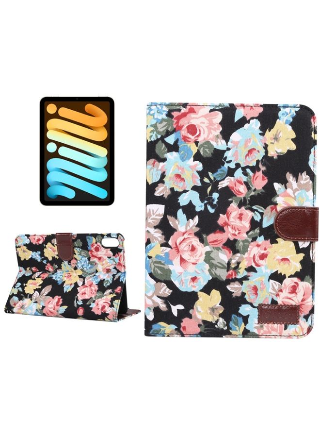 HuHa Case Cover For iPad mini 6 Flowers Cloth Pattern Horizontal Flip Leather Tablet Case with Sleep / Wake-up Function & Holder & Card Slots & Wallet Black 