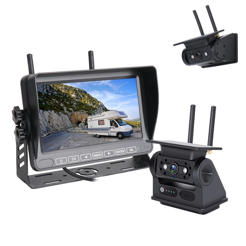 Solar RV Backup Camera Wireless with 7 Inch Recording Monitor No Installation RequiredDual Power SupplyStrong Magnetic Rear View Camera System for RVs Campers Trucks Trailer