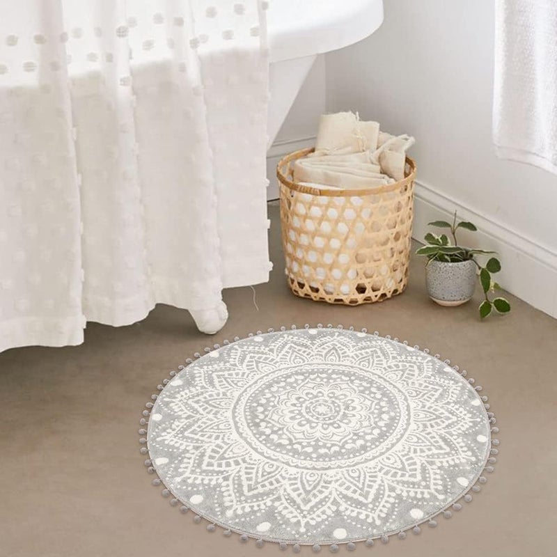 Uphome Small Round Rug 2.3’ Grey Mandala Boho Bathroom Rugs with Pom Poms Fringe Washable Circle Shower Mat Soft Non-Slip Cute Circular Throw Rug for Sink Powder Room Bedroom Kids Room Nursery - Image 5