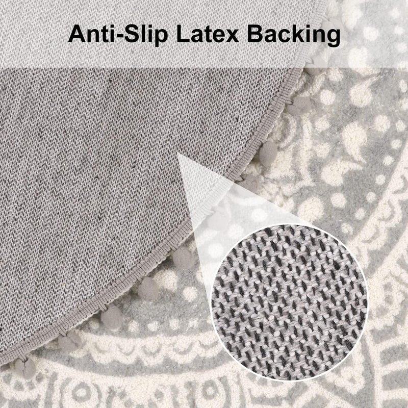 Uphome Small Round Rug 2.3’ Grey Mandala Boho Bathroom Rugs with Pom Poms Fringe Washable Circle Shower Mat Soft Non-Slip Cute Circular Throw Rug for Sink Powder Room Bedroom Kids Room Nursery - Image 3