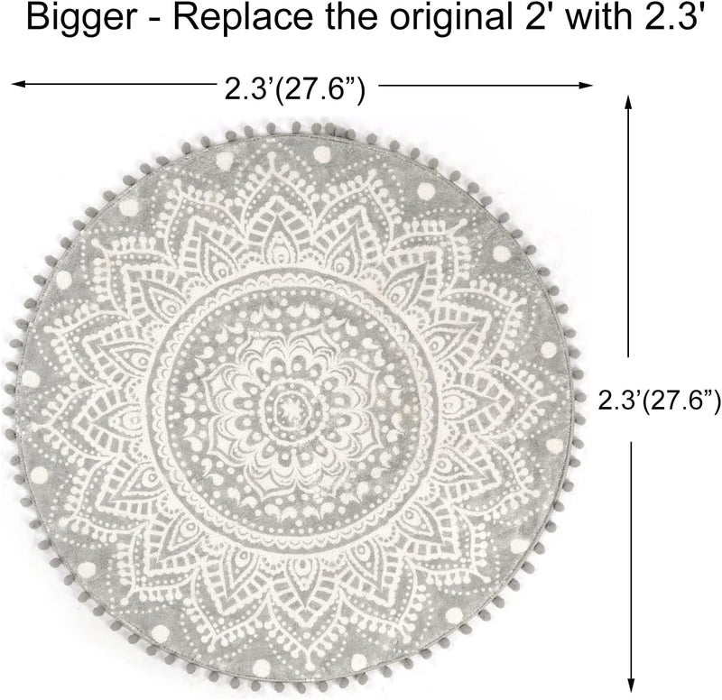 Uphome Small Round Rug 2.3’ Grey Mandala Boho Bathroom Rugs with Pom Poms Fringe Washable Circle Shower Mat Soft Non-Slip Cute Circular Throw Rug for Sink Powder Room Bedroom Kids Room Nursery - Image 2