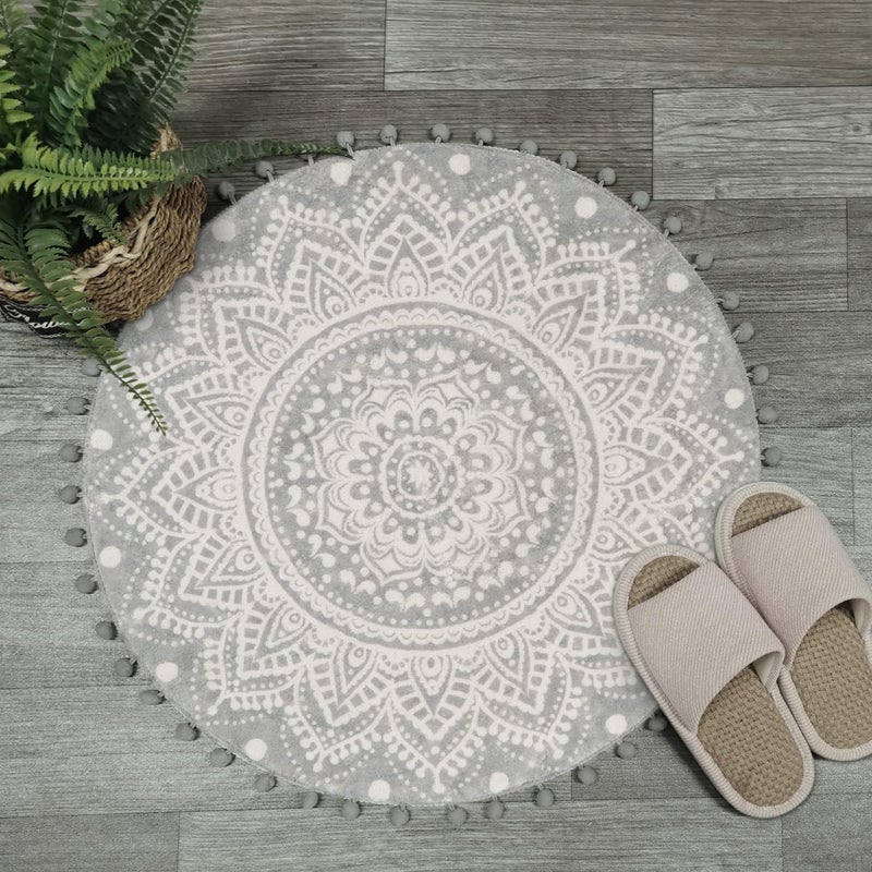 Uphome Small Round Rug 2.3’ Grey Mandala Boho Bathroom Rugs with Pom Poms Fringe Washable Circle Shower Mat Soft Non-Slip Cute Circular Throw Rug for Sink Powder Room Bedroom Kids Room Nursery - Image 1