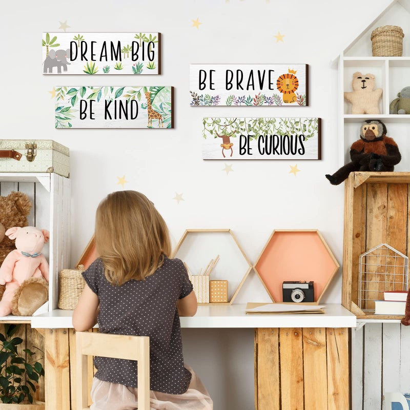 Yookeer 4 Pieces Woodland Nursery Decor Safari wall art Be kind brave curious Cute Jungle Animal Nursery Decor for Bedroom living room home 11x 3.9 Inches(Lively Animals,White Background) - Image 4