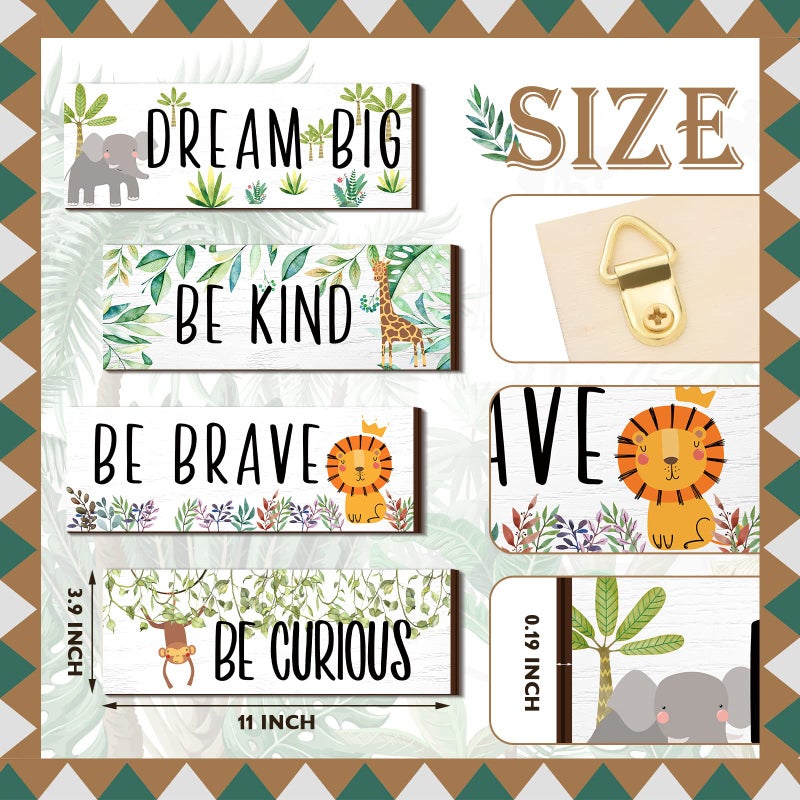 Yookeer 4 Pieces Woodland Nursery Decor Safari wall art Be kind brave curious Cute Jungle Animal Nursery Decor for Bedroom living room home 11x 3.9 Inches(Lively Animals,White Background) - Image 3