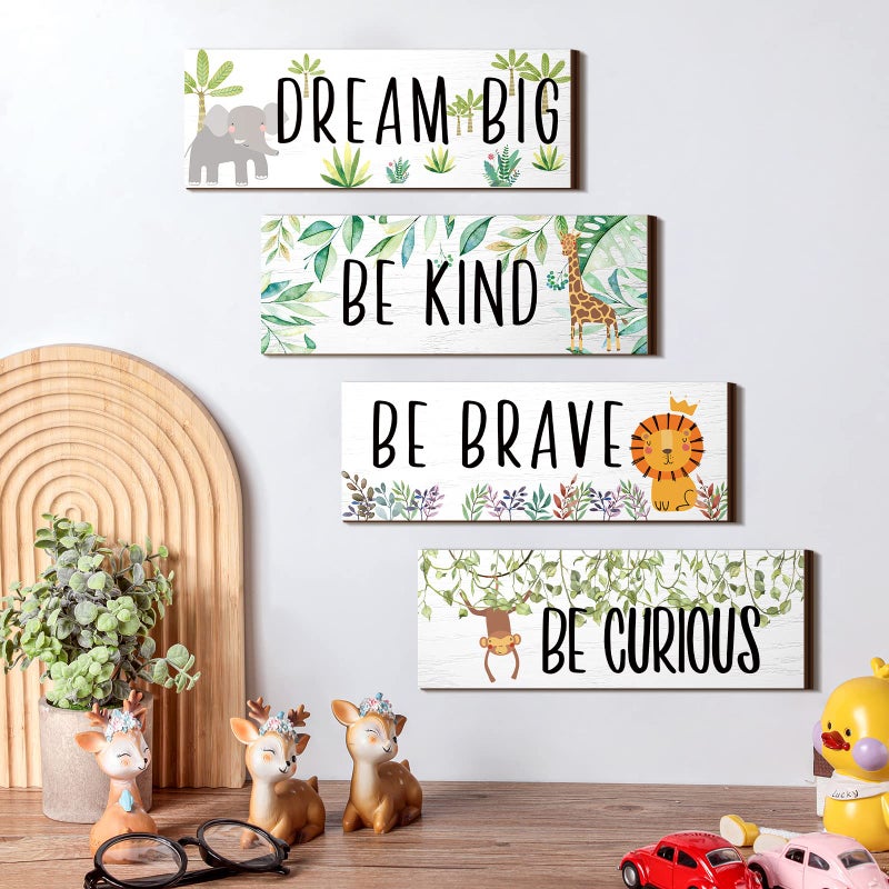 Yookeer 4 Pieces Woodland Nursery Decor Safari wall art Be kind brave curious Cute Jungle Animal Nursery Decor for Bedroom living room home 11x 3.9 Inches(Lively Animals,White Background) - Image 2