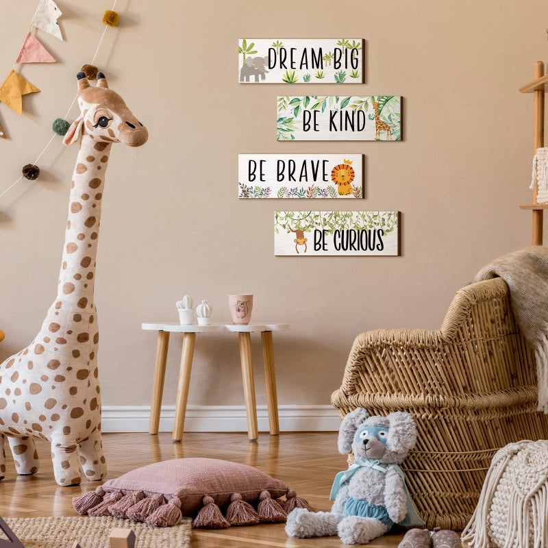 Yookeer 4 Pieces Woodland Nursery Decor Safari wall art Be kind brave curious Cute Jungle Animal Nursery Decor for Bedroom living room home 11x 3.9 Inches(Lively Animals,White Background) - Image 5