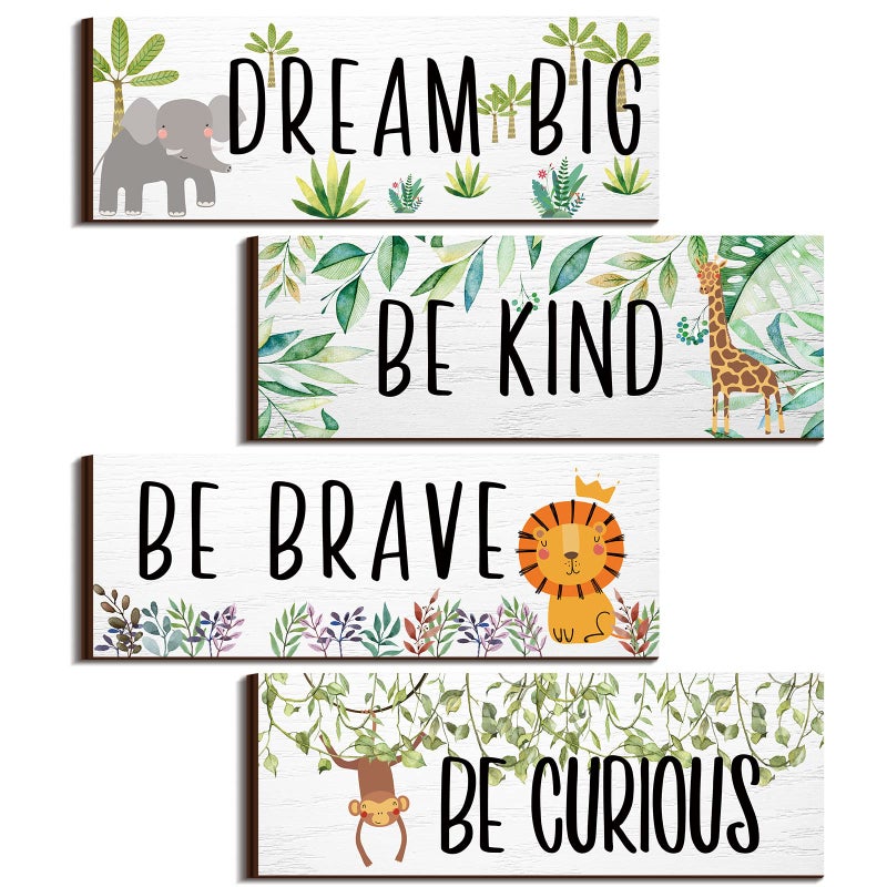 Yookeer 4 Pieces Woodland Nursery Decor Safari wall art Be kind brave curious Cute Jungle Animal Nursery Decor for Bedroom living room home 11x 3.9 Inches(Lively Animals,White Background) - Image 1