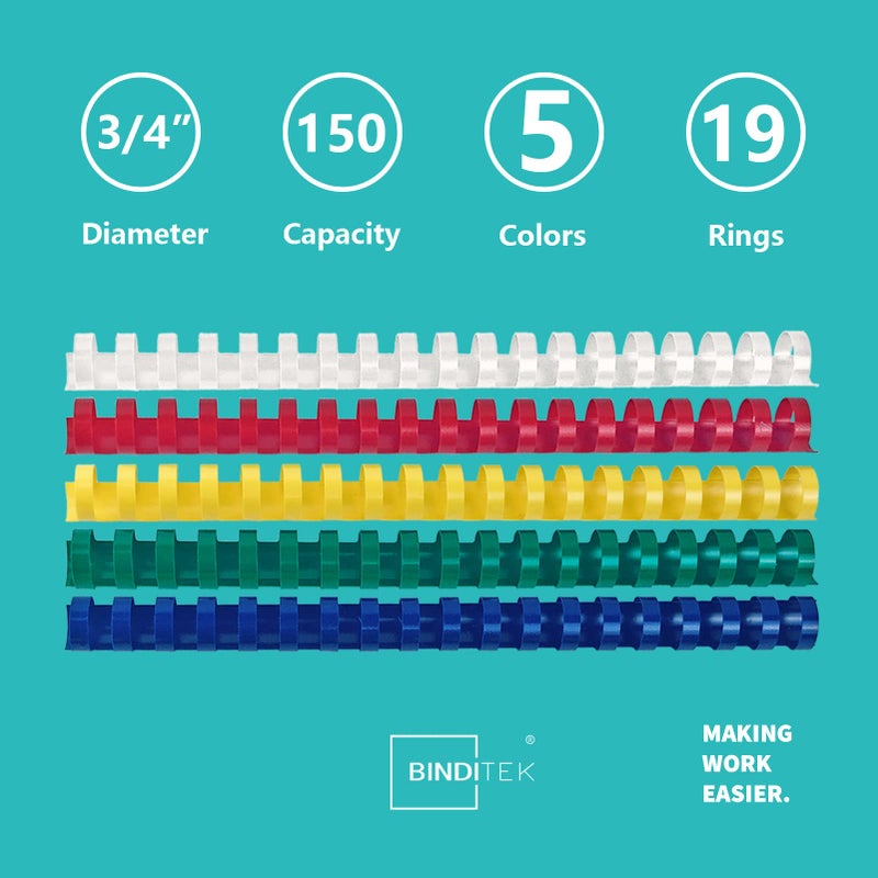 Binditek 30 Pack Plastic Binding Comb Spines, 3/4 Inch Diameter, 150 Sheet Capacity, 19 Ring, for Letter Size, Multi Color (White, Yellow, Red, Green, Blue) - Image 3