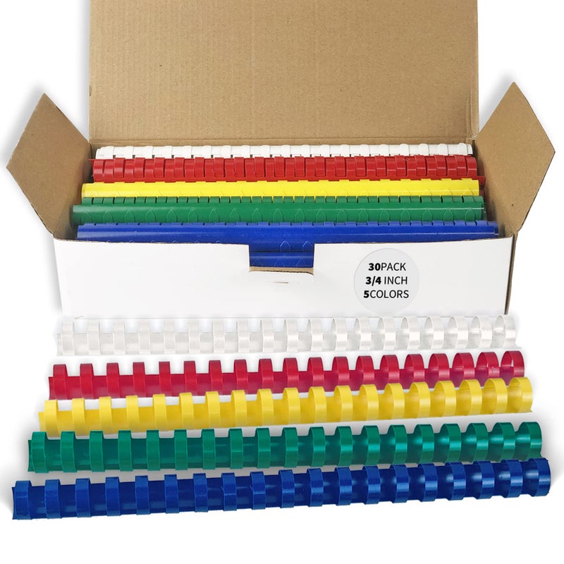 Binditek 30 Pack Plastic Binding Comb Spines, 3/4 Inch Diameter, 150 Sheet Capacity, 19 Ring, for Letter Size, Multi Color (White, Yellow, Red, Green, Blue) - Image 1