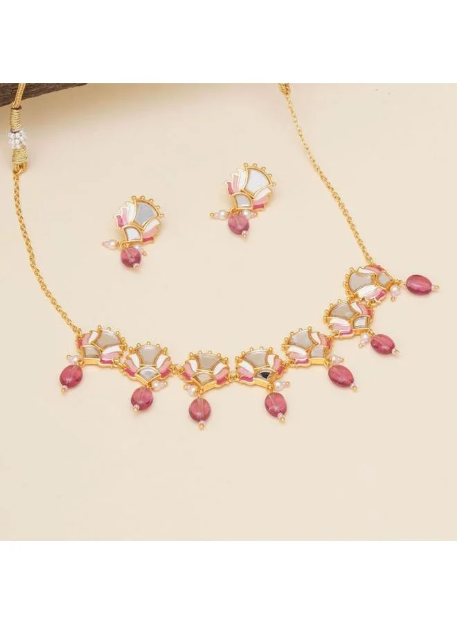 VOYLLA VOYLLA Festive Hues Floral Mirror Work Brass Plated Jewellery Set, Onesize, Brass, No Gemstone