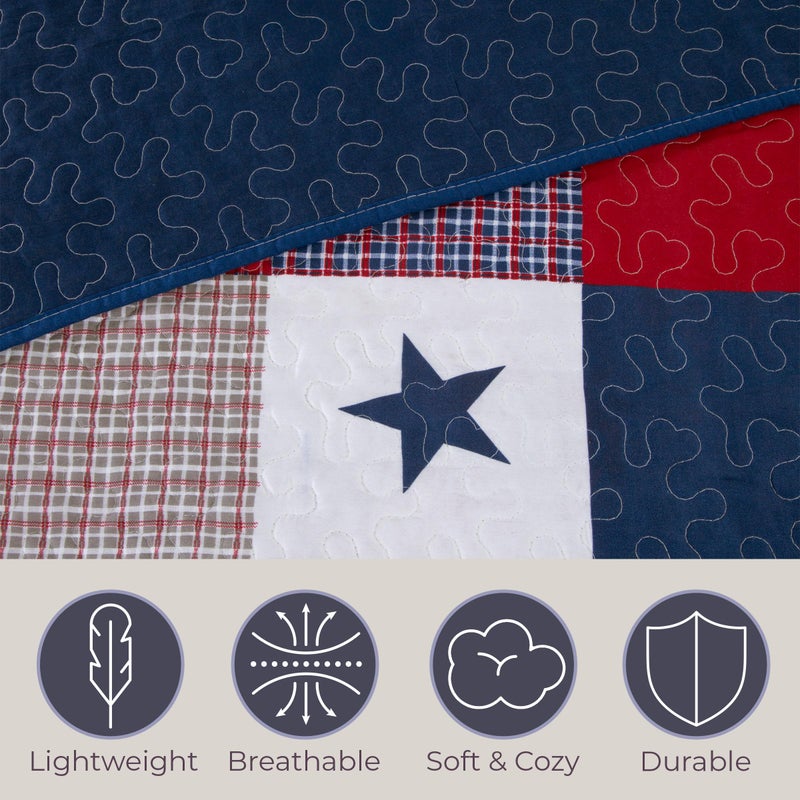 Bedford Home 3-Piece Caroline Patriotic Quilt Set - Americana Stars and Plaid Patchwork Bedding - Full/Queen Bed Spread with 2 Pillow Shams by Lavish Home - Image 4