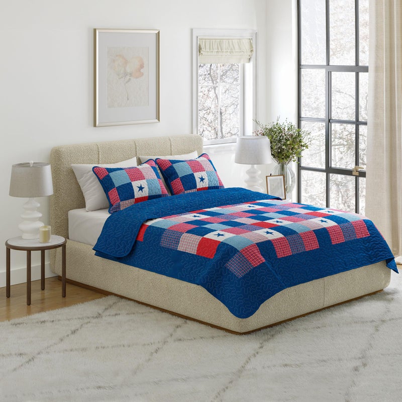 Bedford Home 3-Piece Caroline Patriotic Quilt Set - Americana Stars and Plaid Patchwork Bedding - Full/Queen Bed Spread with 2 Pillow Shams by Lavish Home - Image 2