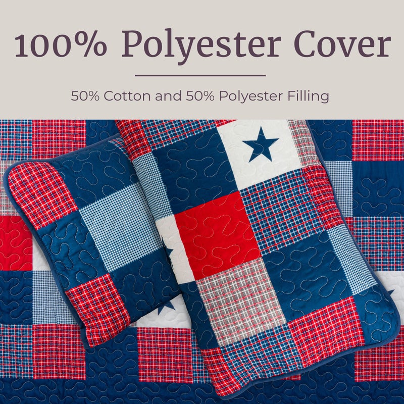 Bedford Home 3-Piece Caroline Patriotic Quilt Set - Americana Stars and Plaid Patchwork Bedding - Full/Queen Bed Spread with 2 Pillow Shams by Lavish Home - Image 3