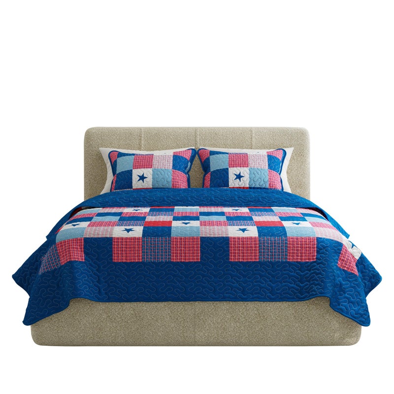 Bedford Home 3-Piece Caroline Patriotic Quilt Set - Americana Stars and Plaid Patchwork Bedding - Full/Queen Bed Spread with 2 Pillow Shams by Lavish Home - Image 1
