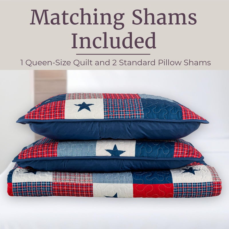 Bedford Home 3-Piece Caroline Patriotic Quilt Set - Americana Stars and Plaid Patchwork Bedding - Full/Queen Bed Spread with 2 Pillow Shams by Lavish Home - Image 5