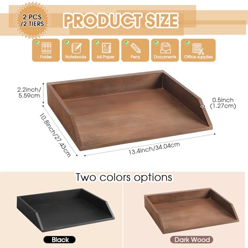 Beeveer 2 Pcs Wooden Letter Tray Wood LetterSize Desk Organizer Heavy Duty 2 Tier Stackable Support Paper Tray Desktop Drawer File Folder Magazine Office Accessories Back to SchoolDark Wood - Image 3
