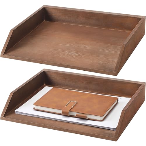 Beeveer 2 Pcs Wooden Letter Tray Wood LetterSize Desk Organizer Heavy Duty 2 Tier Stackable Support Paper Tray Desktop Drawer File Folder Magazine Office Accessories Back to SchoolDark Wood - Image 1