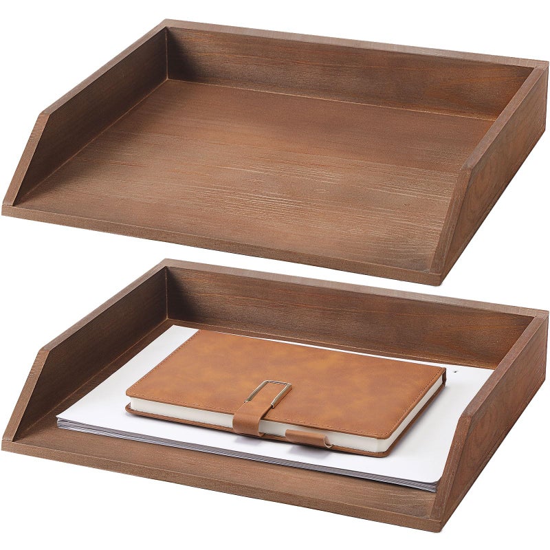 Beeveer 2 Pcs Wooden Letter Tray Wood LetterSize Desk Organizer Heavy Duty 2 Tier Stackable Support Paper Tray Desktop Drawer File Folder Magazine Office Accessories Back to SchoolDark Wood - Image 2