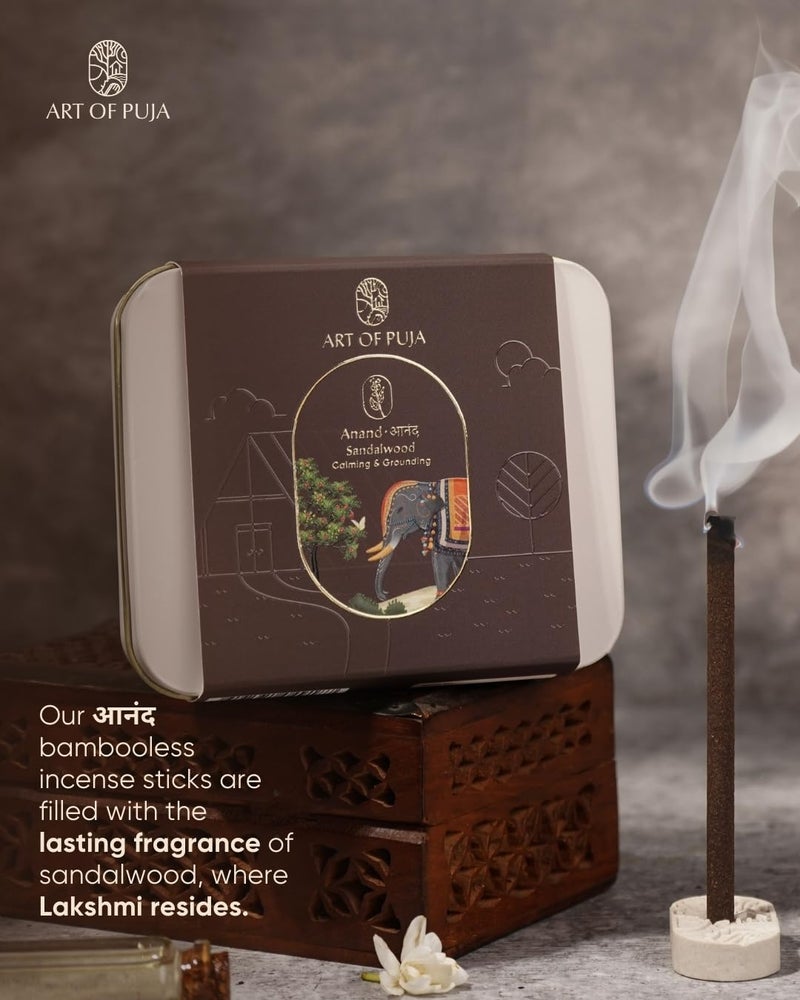 ART OF PUJA Sandalwood Bambooless Sticks – 27 Premium Dhoop Sticks | 1 Hr Burn, 2+ Hr Fragrance | Natural Chandan Aroma | Low Smoke | Free Dhoop Holder | Reusable Tin Box - Image 3