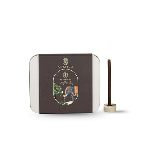ART OF PUJA Sandalwood Bambooless Sticks – 27 Premium Dhoop Sticks | 1 Hr Burn, 2+ Hr Fragrance | Natural Chandan Aroma | Low Smoke | Free Dhoop Holder | Reusable Tin Box - Image 1