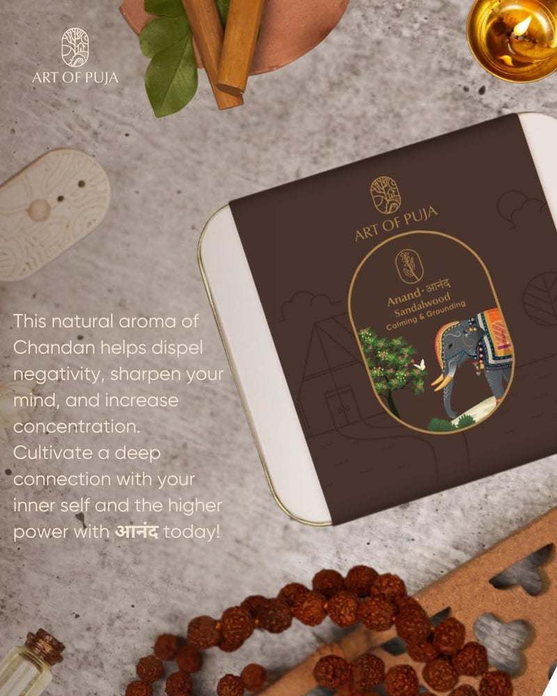 ART OF PUJA Sandalwood Bambooless Sticks – 27 Premium Dhoop Sticks | 1 Hr Burn, 2+ Hr Fragrance | Natural Chandan Aroma | Low Smoke | Free Dhoop Holder | Reusable Tin Box - Image 4