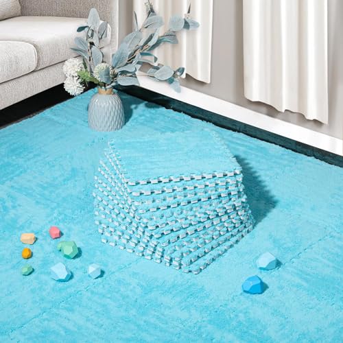 ZENOWICK 12 Pcs Plush Interlocking Carpet Tiles NonToxic Foam Carpet Tiles for Toddler Baby AntiSlip EVA Foam Interlocking Tiles for Floor Nursery Playroom Blue - Image 1