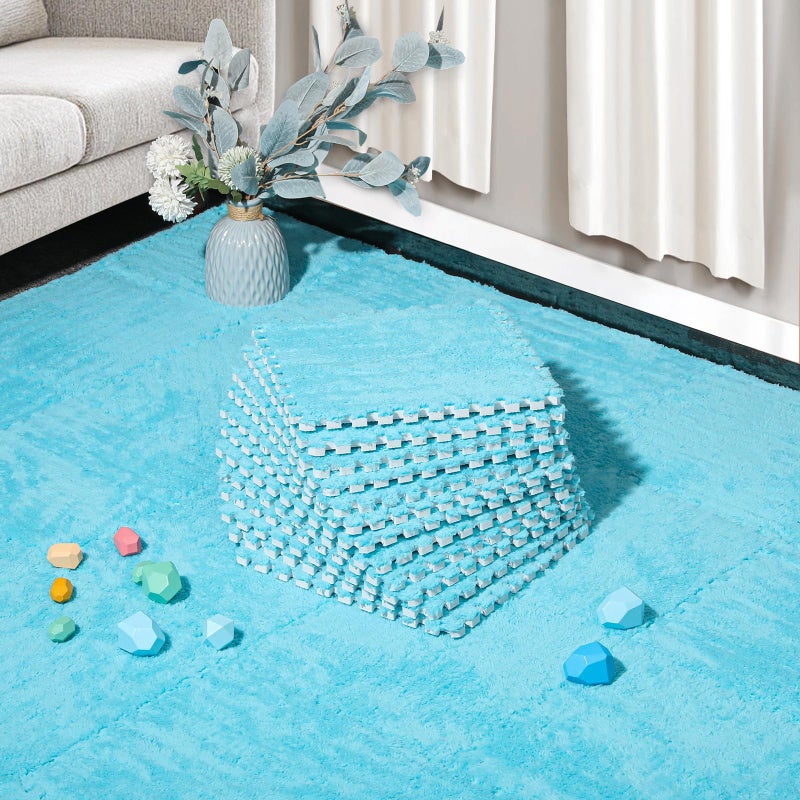 ZENOWICK 12 Pcs Plush Interlocking Carpet Tiles NonToxic Foam Carpet Tiles for Toddler Baby AntiSlip EVA Foam Interlocking Tiles for Floor Nursery Playroom Blue - Image 2