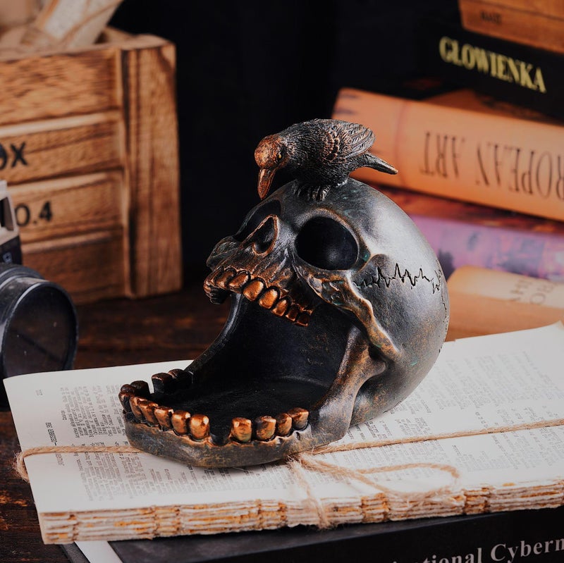 Arola Skull Crow Decoration Desktop Organiser，Creative Skull Cigar Ashtray，Collectible Jewelry Trays for Home Office Desk Supplies Organizer Accessory. - Image 1