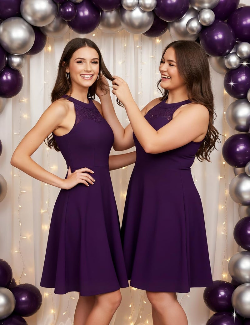Bbonlinedress Purple Dress for Women Bridesmaid Wedding Cocktail Short Prom Formal Swing Dress Grape XL - Image 3
