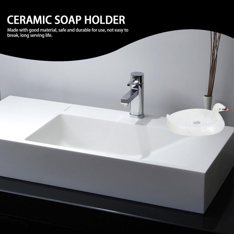 White Ceramic Swan Soap Dish With Drainage For Bathroom Sink And Shower Use - Image 4