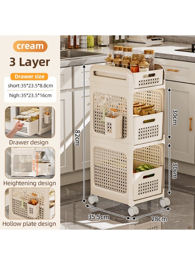 Noon East 3-Tiers Rolling Utility Cart with Plastic Shelf and Wheels, Multifunctional Storage Organizer for Kitchen, Bathroom, Living Room, Office, 35.5 x 28 x 82 cm, Cream - Image 2