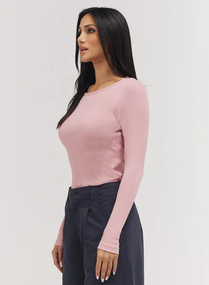 Zigzag Rib Long Sleeve Top - Salmon Pink