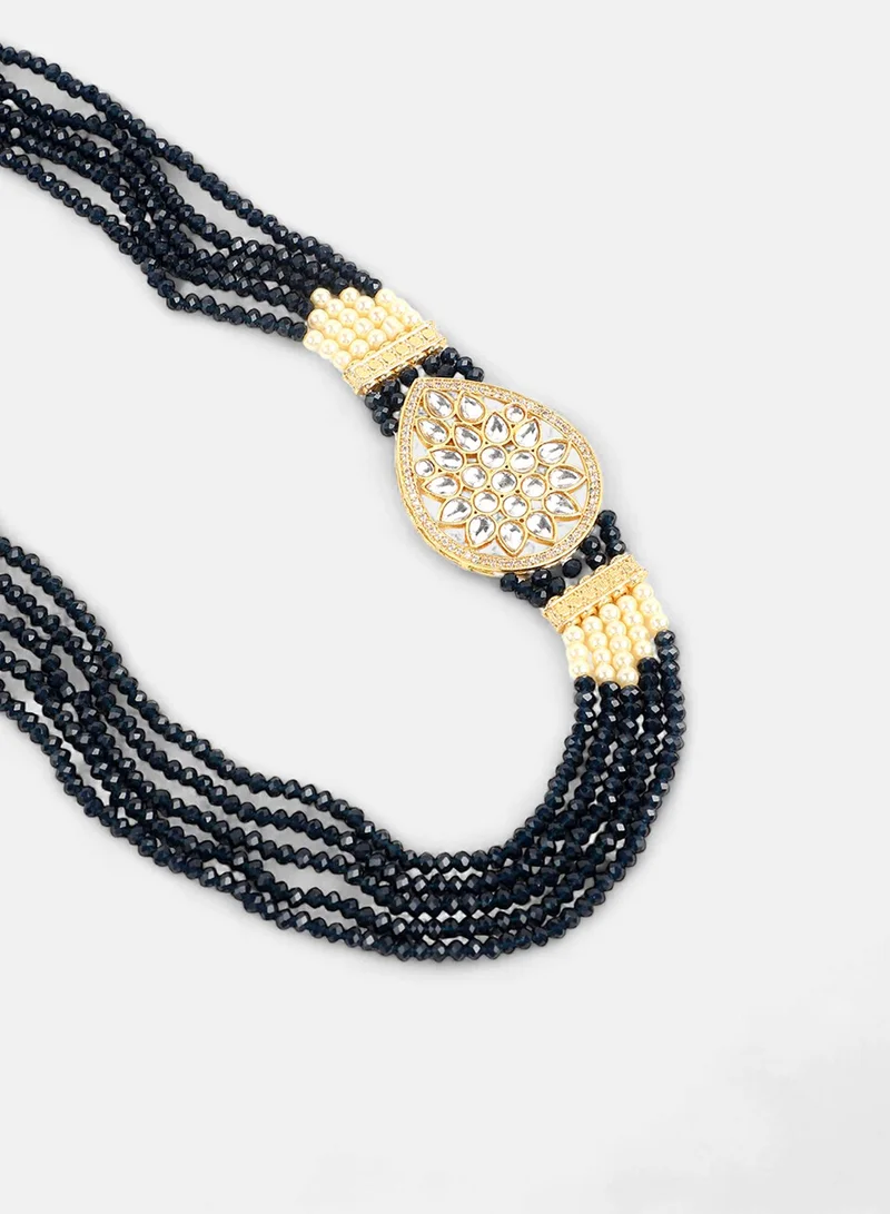 SOHI White American Diamond Studded & Navy Blue Beaded Artificial Necklace Jewellery