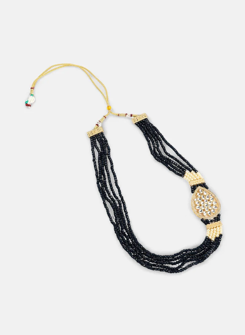 SOHI White American Diamond Studded & Navy Blue Beaded Artificial Necklace Jewellery