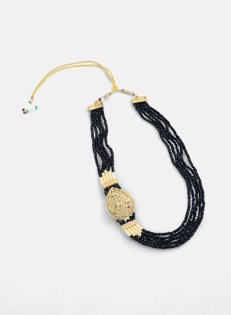 SOHI White American Diamond Studded & Navy Blue Beaded Artificial Necklace Jewellery