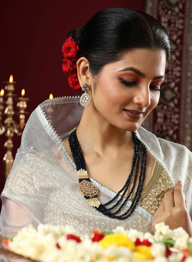 SOHI White American Diamond Studded & Navy Blue Beaded Artificial Necklace Jewellery