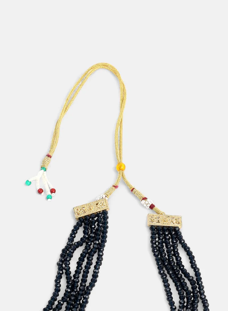 SOHI White American Diamond Studded & Navy Blue Beaded Artificial Necklace Jewellery