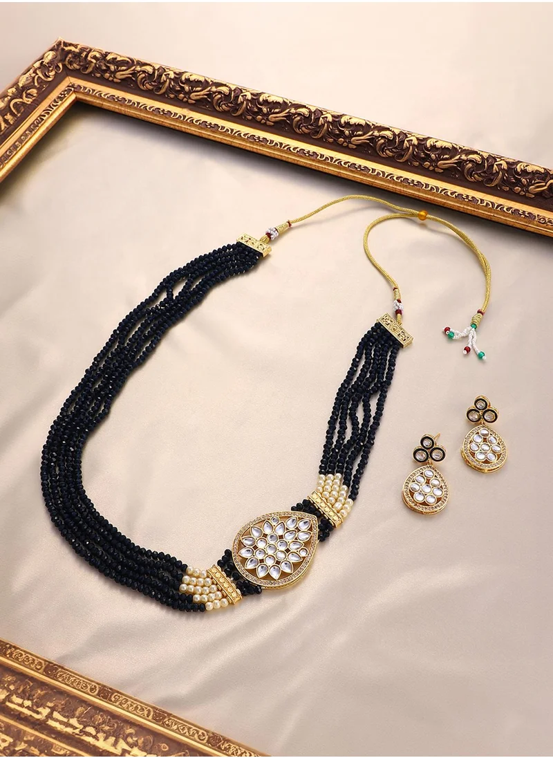 SOHI White American Diamond Studded & Navy Blue Beaded Necklace Set