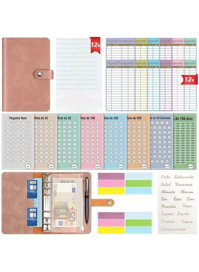 A6 Budget Planner Binder With Zippered Cash Envelopes Money Saving Challenge Book In Spanish Pink Includes Expense Sheets Self Adhesive Labels - Image 1