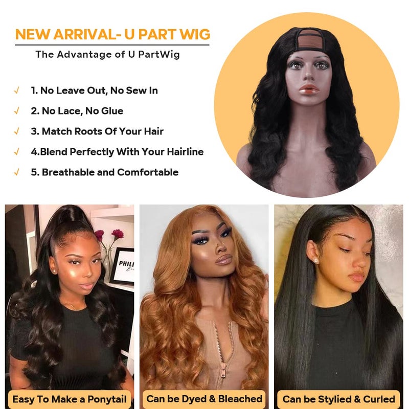 Tahikie U Part Human Hair Wig Body Wave Drawstring Wig 180% Density U Part Wig Brazilian Virgin Human Hair wigs for Women Full Head Clip in Half Wigs Glueless No Leave Out Lace Front Wig Natural Color 24inch - Image 4
