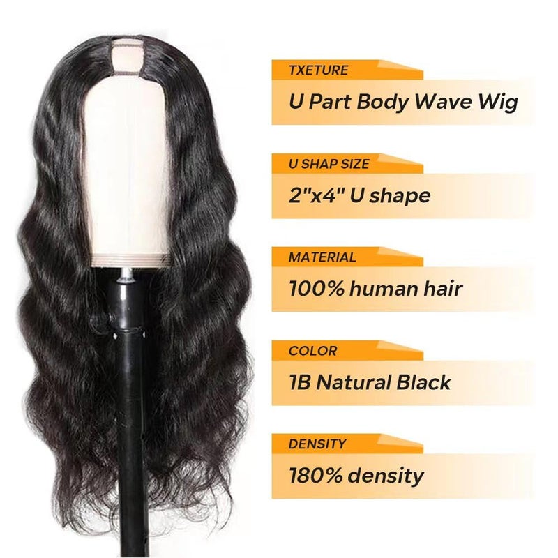 Tahikie U Part Human Hair Wig Body Wave Drawstring Wig 180% Density U Part Wig Brazilian Virgin Human Hair wigs for Women Full Head Clip in Half Wigs Glueless No Leave Out Lace Front Wig Natural Color 24inch - Image 2