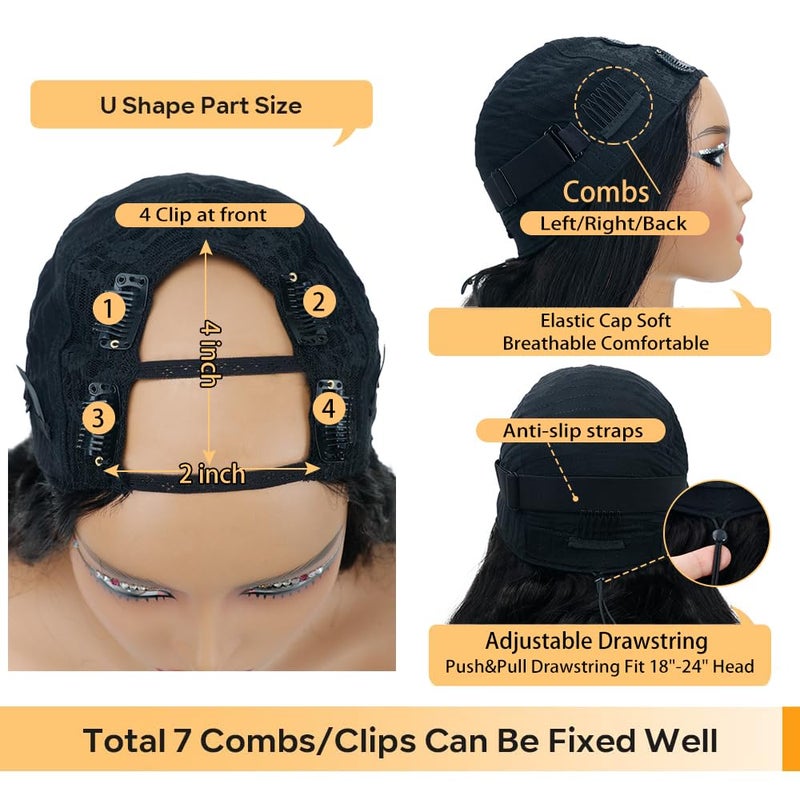 Tahikie U Part Human Hair Wig Body Wave Drawstring Wig 180% Density U Part Wig Brazilian Virgin Human Hair wigs for Women Full Head Clip in Half Wigs Glueless No Leave Out Lace Front Wig Natural Color 24inch - Image 3
