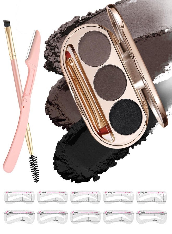 SUMEITANG Waterproof Eyebrow Powder Kit - 3 Colors Long-Lasting Brow Powder Palette with Brush Razor & Stencil, Natural Tinting Powder for Women Sparse Brows | #03 Medium Brown, Dark Brown, Black - Image 1