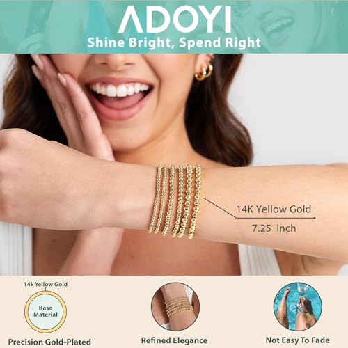 adoyi Gold Bracelets for Women, 14K Gold Plated Beaded Bracelet for Womens Stackable Bead Ball Bracelet stack Set Adjustable Jewelry Set for Gifts - Image 4