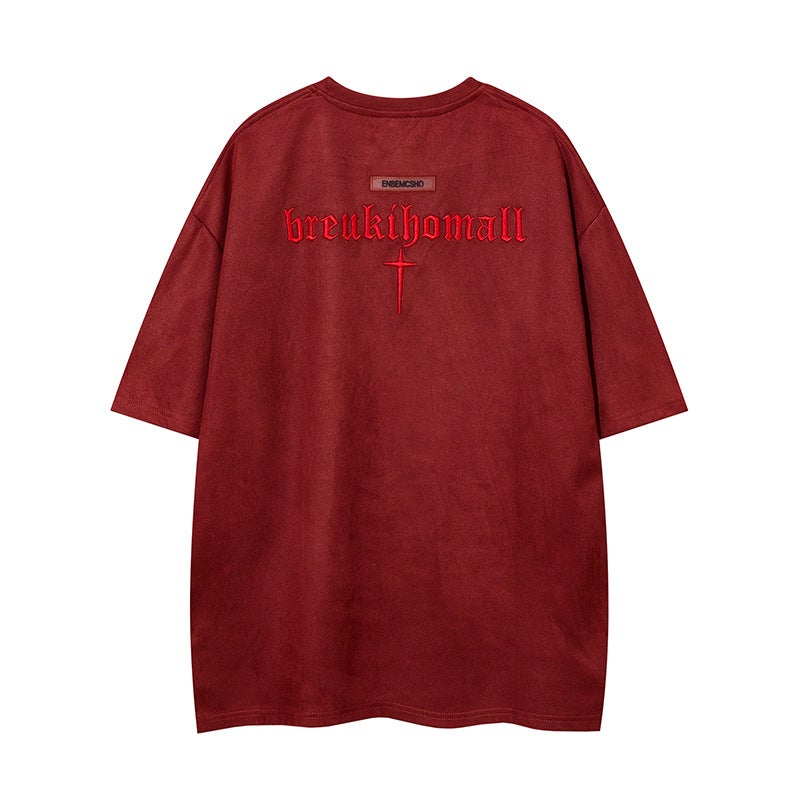 American Style Retro Letter Embroidered Short-Sleeved Men'S Suede T-Shirt Summer Fashion Brand Hip-Hop Loose Fried Street Couple Half-Sleeved - Image 1