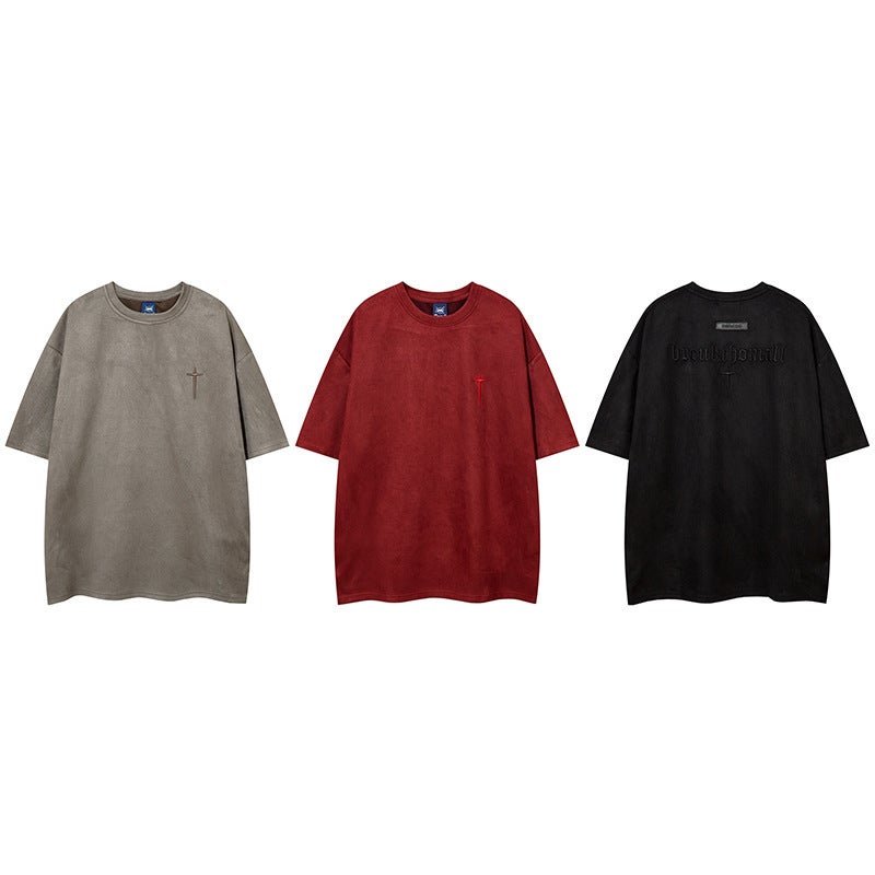 American Style Retro Letter Embroidered Short-Sleeved Men'S Suede T-Shirt Summer Fashion Brand Hip-Hop Loose Fried Street Couple Half-Sleeved - Image 3