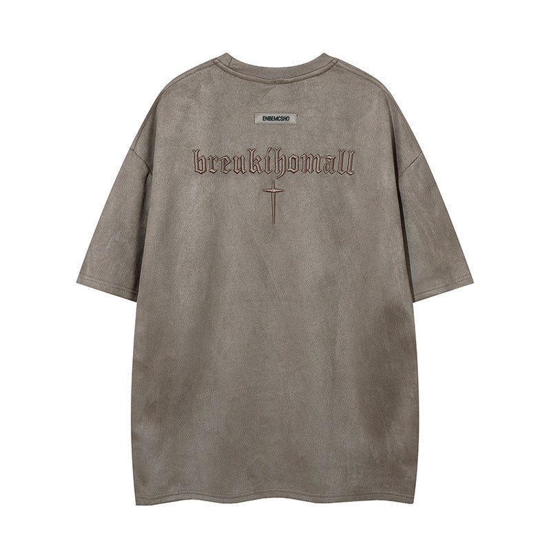 American Style Retro Letter Embroidered Short-Sleeved Men'S Suede T-Shirt Summer Fashion Brand Hip-Hop Loose Fried Street Couple Half-Sleeved - Image 5