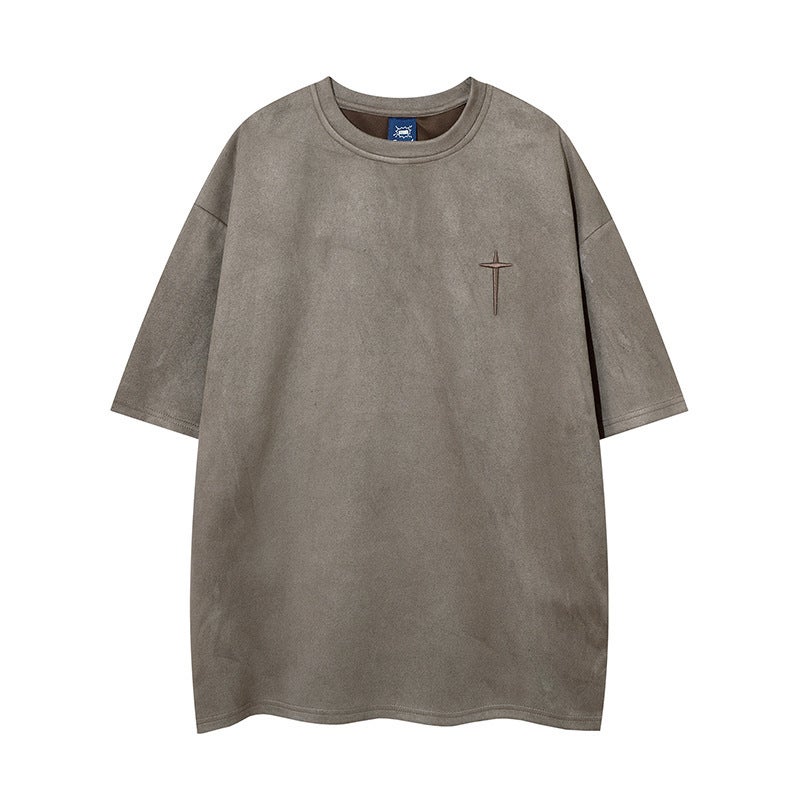 American Style Retro Letter Embroidered Short-Sleeved Men'S Suede T-Shirt Summer Fashion Brand Hip-Hop Loose Fried Street Couple Half-Sleeved - Image 4